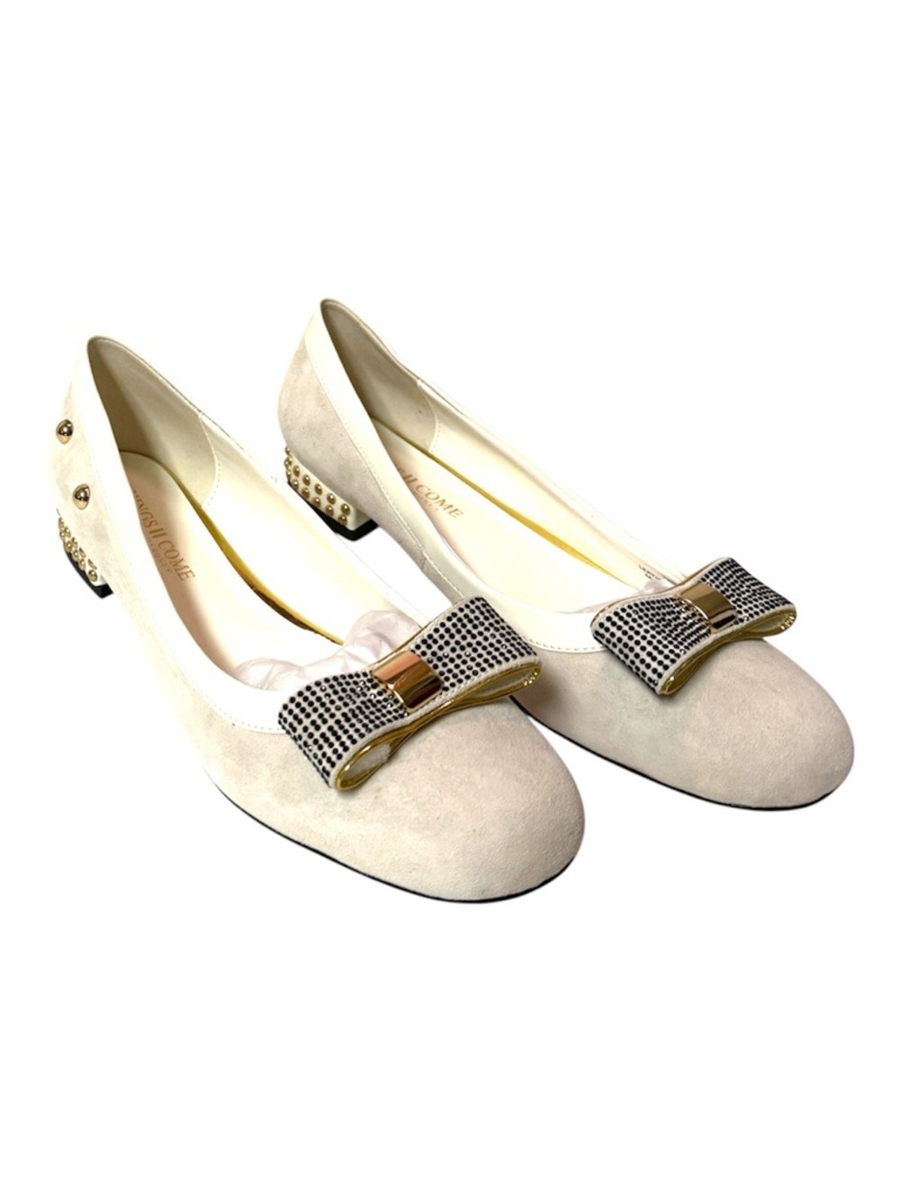 Cream Suede Bow Flats with Studded Heel - Picture 7 of 7